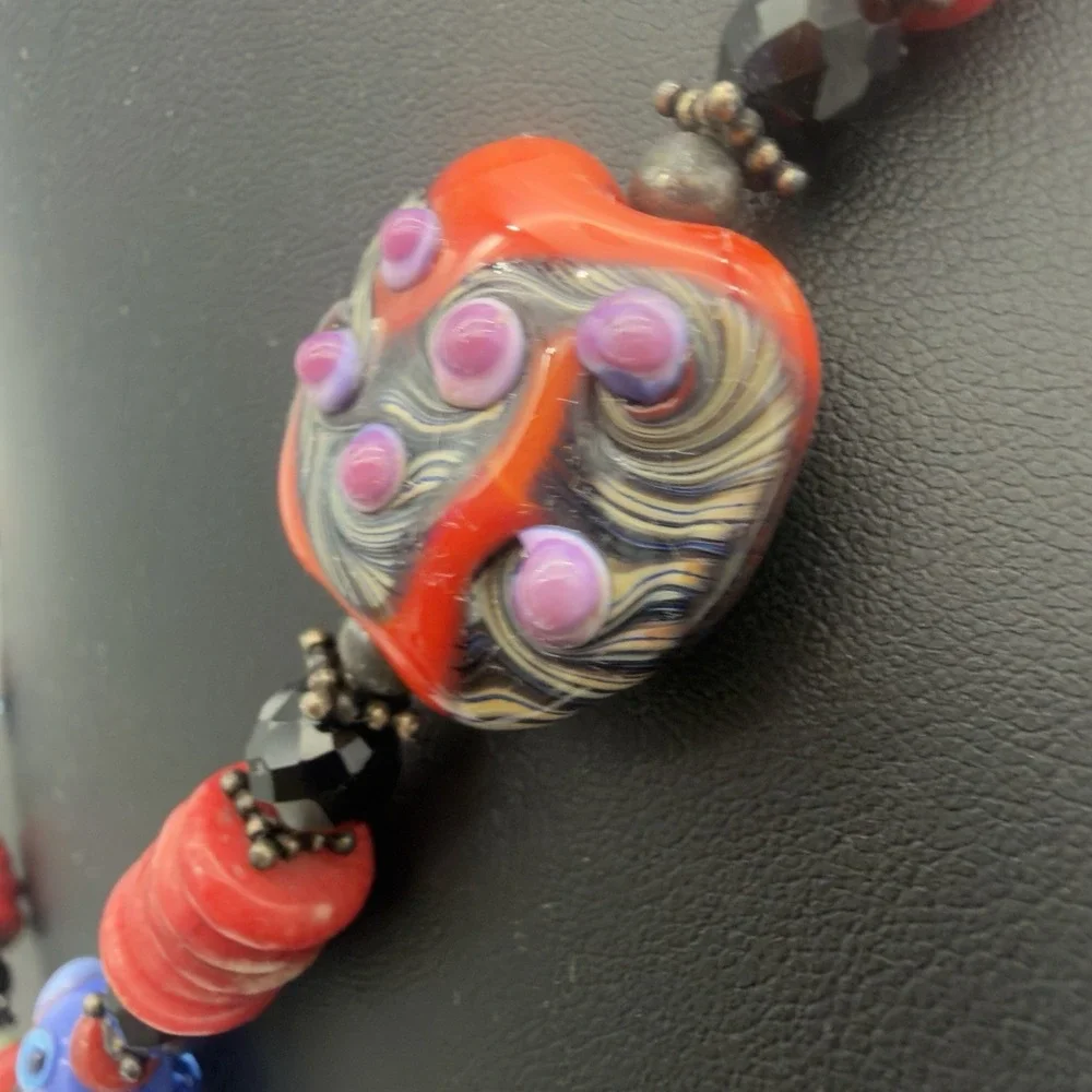 Vtg Sterling Silver Hand blow Glass Bead Necklace Fish Red Coral Y Drop Signed